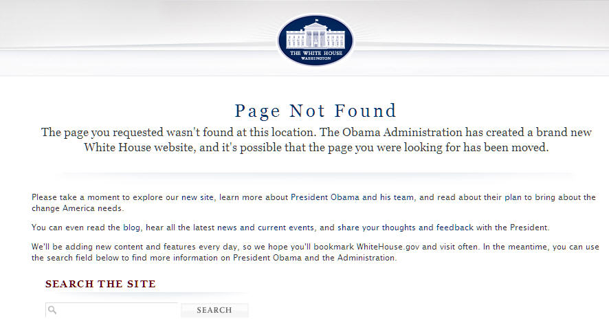 Captura de pantalla de un página de error en www.whitehouse.gov